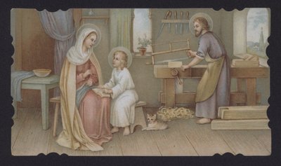 Ježíš Kristus jako chlapec se svou matkou Marií v Josefově truhlárně (chromolitho) od European School