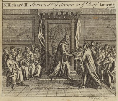 Král Richard II. odevzdá anglickou korunu Henrymu Bolingbrokovi, vévodovi z Lancasteru, 1399 od European School