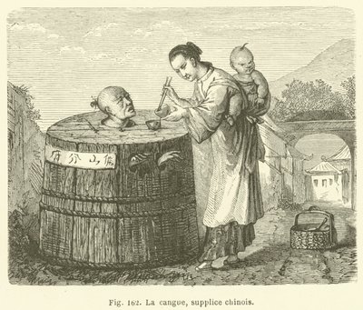 Cangue, čínské mučení (rytina) od European School