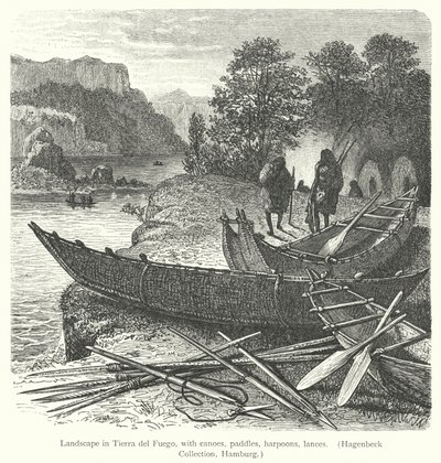 Krajina v Ohňové zemi, s kánoemi, pádly, harpunami, kopími (rytina) od European School