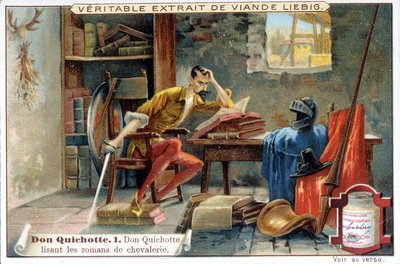 Liebigova chromolitografie: "Don Quijote, č. 1: Don Quijote čte rytířské romány. od European School