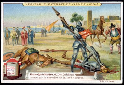 Liebigova chromolitografie: Don Quijote, č. 6: Don Quijote poražen rytířem stříbrného měsíce. od European School