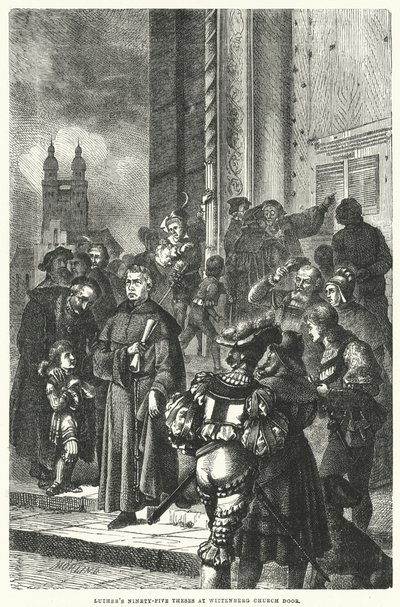 Lutherových devadesát pět tezí u dveří kostela Wittenberg (rytina) od European School