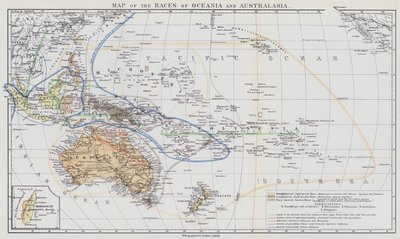Mapa ras Oceánie a Australasie (barevná litografie) od European School