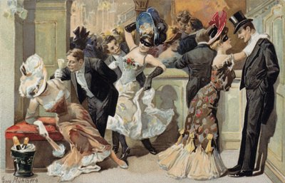Ples v maskách, muži a ženy pijí šampaňské (chromolit) od European School