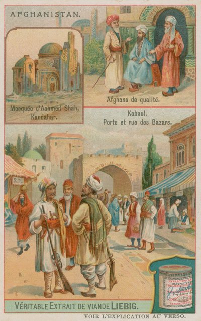 Mauzoleum Ahmada Shaha Durraniho v Kandaháru, bohatí Afghánci a pohled na bránu a bazary Kábulu od European School
