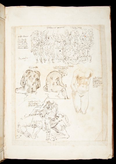 Ms 701 fl.34v, Kresba včetně pohledu na Spinario zezadu, konec 15. století (pero a inkoust na papíře) od European School