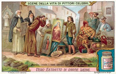 Murillo prodává své obrazy na trhu v Seville (chromolitho) od European School