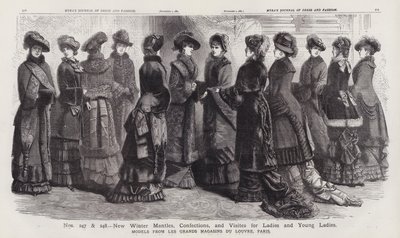 Nové zimní pláště, cukrovinky a vizitky pro dámy a mladé dámy, modely z Les Grands Magasins du Louvre, Paříž (rytina) od European School