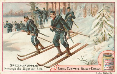 Norsko, vojáci na lyžích, Liebigova karta, počátek 20. století (chromo) od European School