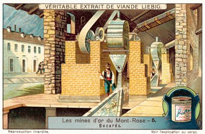 Rudný mlýn ve zlatých dolech Monte Rosa, Itálie (chromolitho) od European School