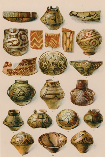 Ornament: Konec novověké doby kamenné až počátek doby bronzové (barevná litografie) od European School