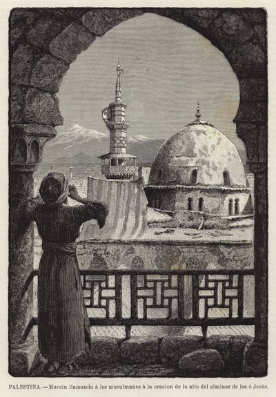 Palestina, Muecin svolávající muslimy k modlitbě z vrcholu minaretu Isa neboli Ježíš od European School