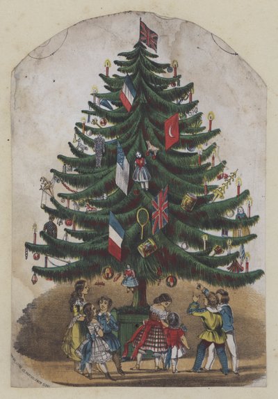Lidé pod vánočním stromkem, blahopřání (barva litho) od European School