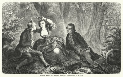 Philinen korunující Wilhelma Meistera věncem: scéna z románu Johanna Wolfganga Goetha Wilhelm Meisters Lehrjahre (rytina) od European School