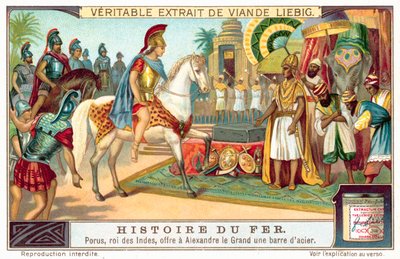 Porus, král Pauravů, nabízí Alexandrovi Velikém tyč oceli (chromolitho) od European School
