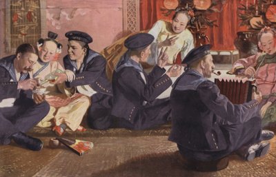 Námořníci v čínské čajovně (barevná litografie) od European School