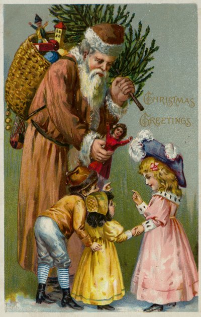 Santa Claus rozdává dětem dárky a vánoční stromeček (barevná litografie) od European School