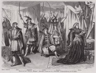 Scéna z III. dějství historického dramatu německého dramatika Salomona Hermanna Mosenthala Maryna (rytina) od European School