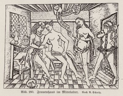 Scéna ve Frauenhausu, pozdně středověkém německém nevěstinci (rytina) od European School