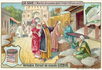 Trh hedvábných kokonů v Indii, 500 př.nl (chromolitho) od European School
