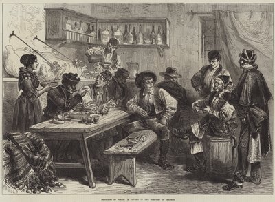 Skici ve Španělsku, taverna na předměstí Madridu (rytina) od European School