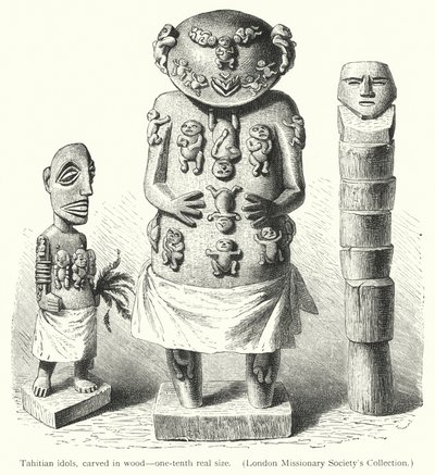 Tahitské modly, vyřezávané do dřeva (rytina) od European School