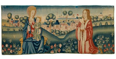Fragment tapisérie z mille fleur zobrazující svatého Benedikta představujícího své srdce Panně Marii od European School