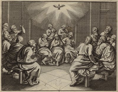 Duch svatý přichází ke dvanácti apoštolům v den Letnic (rytina) od European School