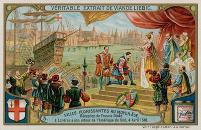 Přijetí Francise Drakea do Londýna z Jižní Ameriky v roce 1581 (chromolitho) od European School