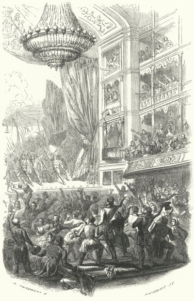 Začátek belgické revoluce: provedení opery Daniela Aubera La Muette de Porcini v Theatre de la Monnaie v Bruselu, 25. srpna 1830 (rytina) od European School