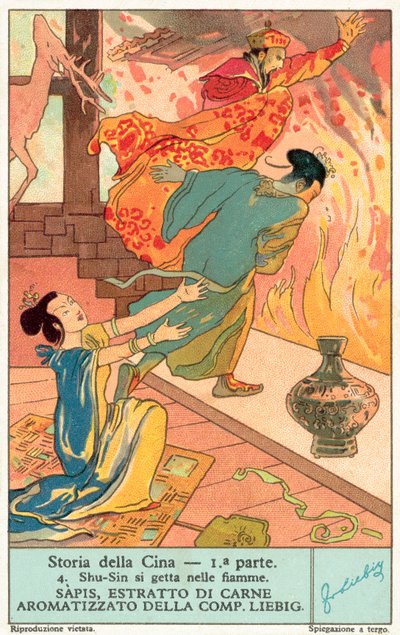 Sebevražda krále Zhou of Shang (chromolitho) od European School