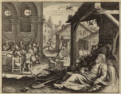 Tobit oslepený vrabčím trusem (rytina) od European School