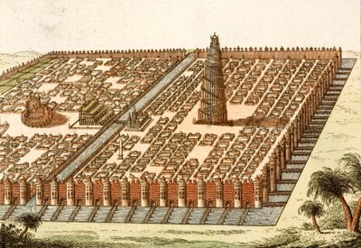 Babylonská věž, královský palác a visuté zahrady Babylonu (barevná rytina) od European School