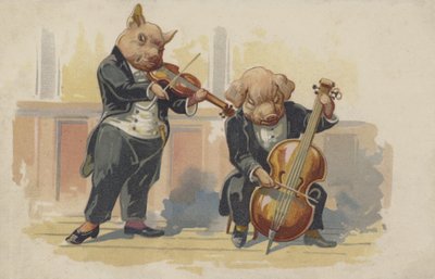 Dvě prasata hrající na hudební nástroje (barevná litografie) od European School