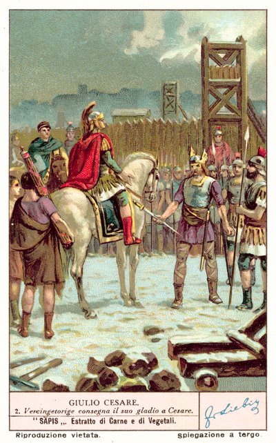 Vercingetorix odevzdává svůj meč Juliu Caesarovi po obléhání Alesie, 52 př.nl (chromolitho) od European School
