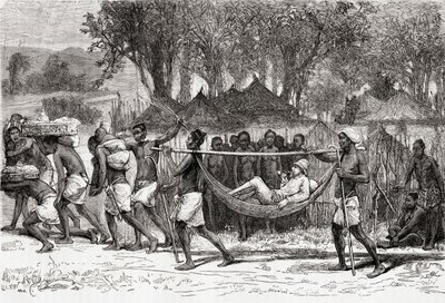 Verney Lovett Cameron přijíždějící do vesnice Oulonnda, Afrika, 1878 (dřevoryt) od European School