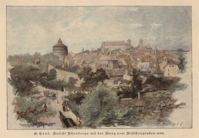 Pohled na Norimberk a jeho hrad, Německo (barevná rytina) od European School