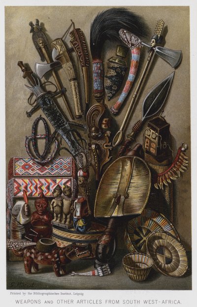 Zbraně a další předměty z jihozápadní Afriky (chromolitho) od European School