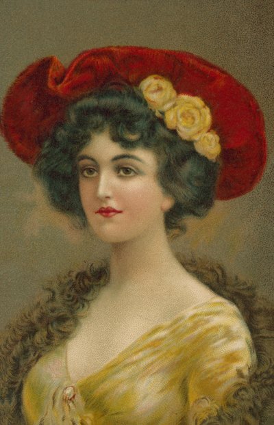 Žena v edwardiánském klobouku (barevná litografie) od European School