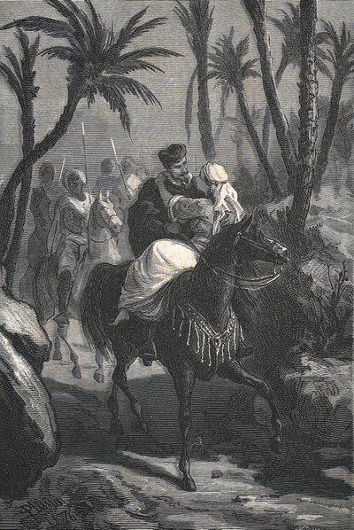 Cervantes jede na koni se ženou v oáze od Eusebio Planas