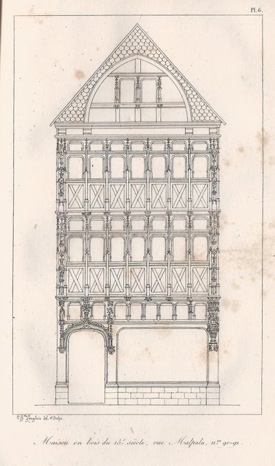 Dřevěný dům z 15. století na ulici Malpalu č. 90-92 od Eustache Hyacinthe Langlois