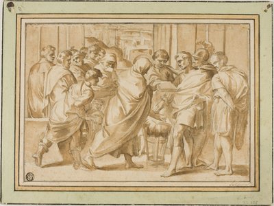 Scéna z římské historie se zahalenou postavou předkládající knihu vládci od Eustache Le Sueur