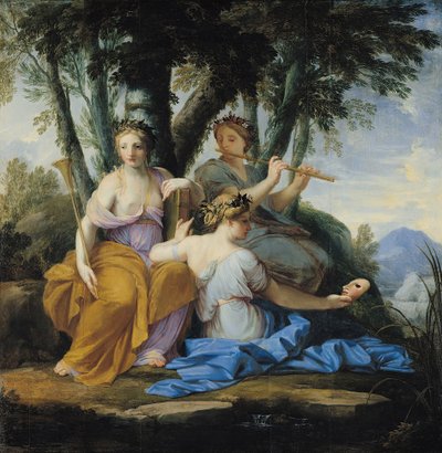 Múzy, Clio, Euterpe a Thalia, kolem 1652-55 (olej na panelu) od Eustache Le Sueur