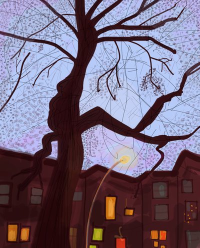 Brooklyn Brownstone Street At Dusk, 2016 (ručně kresleno tužkou Apple na iPadu) od Evan Sklar