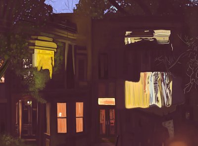 Brownstones v noci , cca 2020-24 (digitální umění) od Evan Sklar