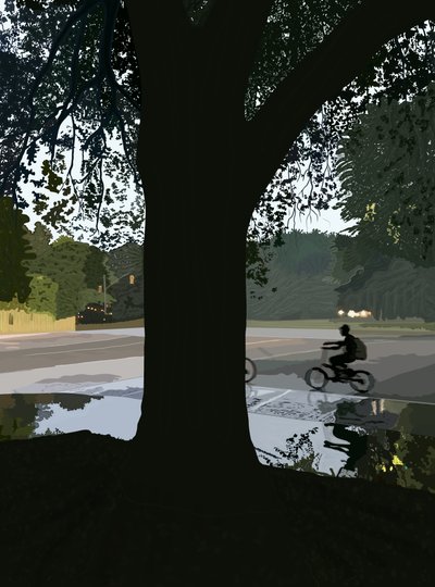 Cyklista a louže na Brooklyn Street (digitální umění) od Evan Sklar