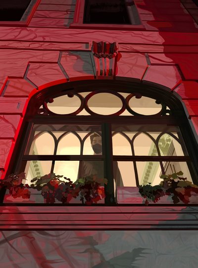 Postava v okně osvětleném sirénami, Brooklyn (digitální umění) od Evan Sklar