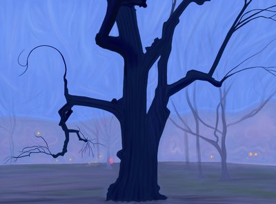 Velký modrý strom sám v poli v mlhavém ranním soumraku Brooklyn (digitální umění) od Evan Sklar