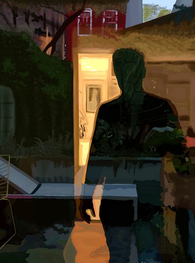 Muž odrážející se v okně za úsvitu, Brooklyn (digitální umění) od Evan Sklar
